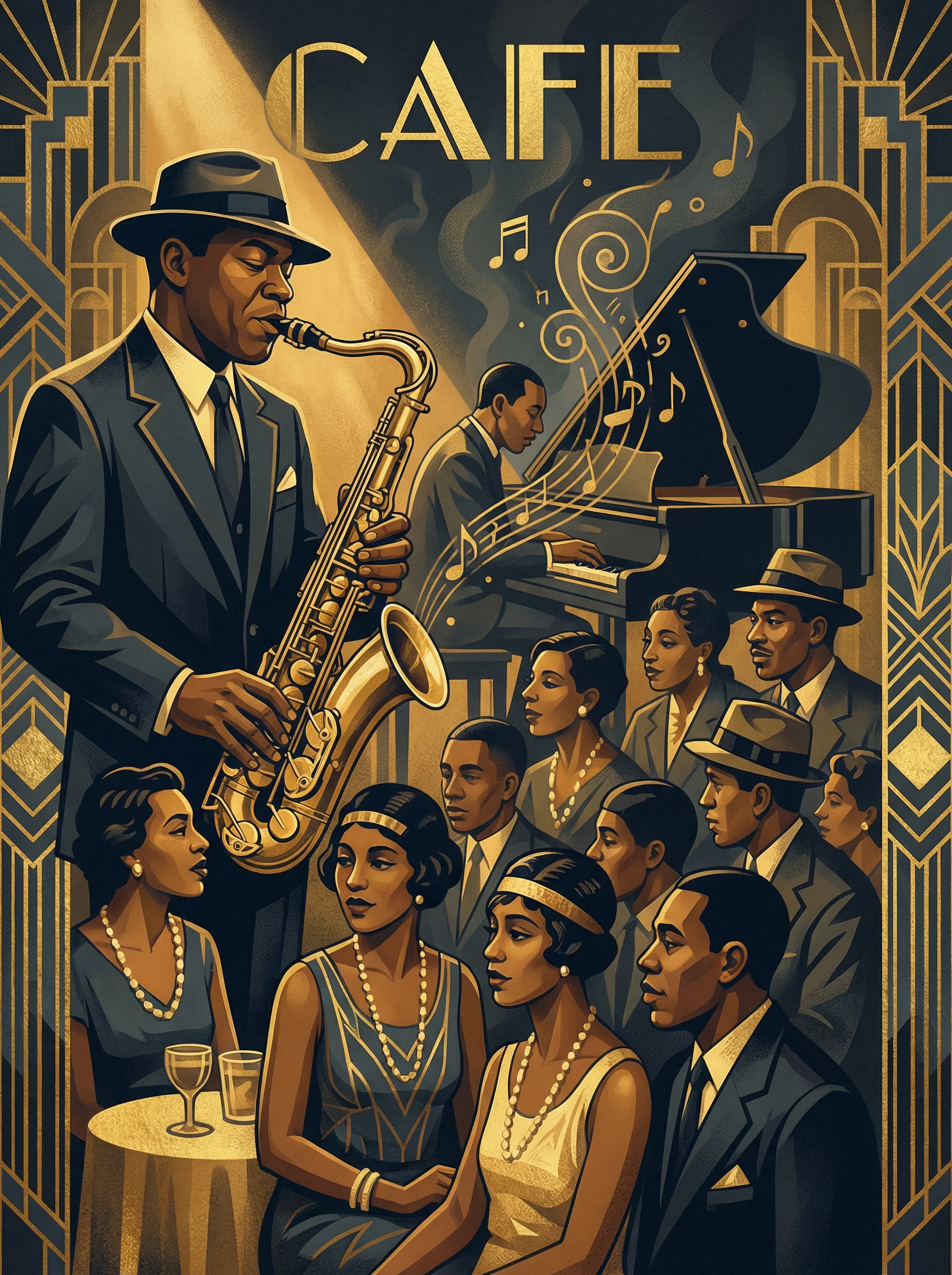 Art Deco风格萨克斯风演奏者 - 代表 财神棋牌 的灵魂旋律